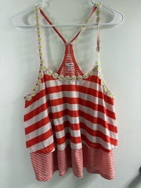 BONGO Red & White Striped Daisy-Trim Racerback Tank